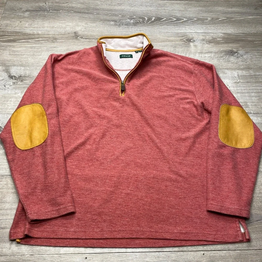 Orvis Pullover Mens XL Red Leather‎ Elbow Patch 1/4 Zip Sweater 8H82 Outdoor